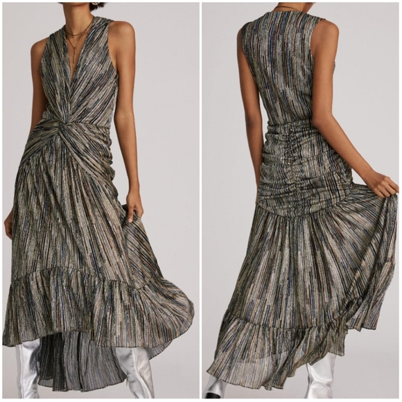 MISA Los Angeles Metallic High-Low Midi Dress | Size XS | NWT | Ruched Detail - Picture 1 of 5